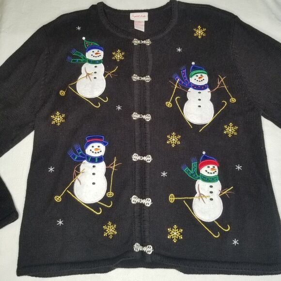Crystal Kobe Snowman Skiing Ugly Christmas Cardigan Sweater Black Silver Medium - Picture 3 of 11